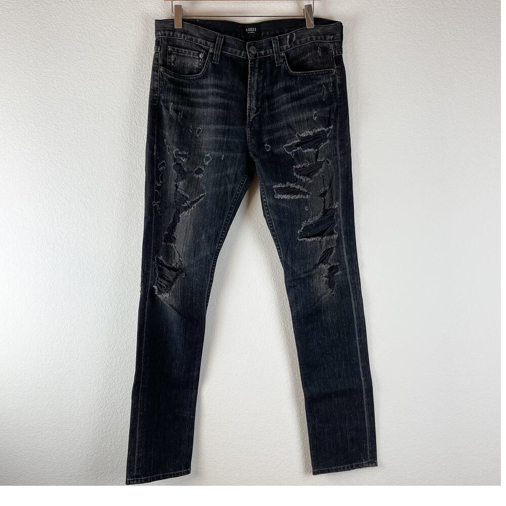 Agolde Skinny Fit Jeans Mens 33x32 Black Distressed Destroyed Ripped Hipster